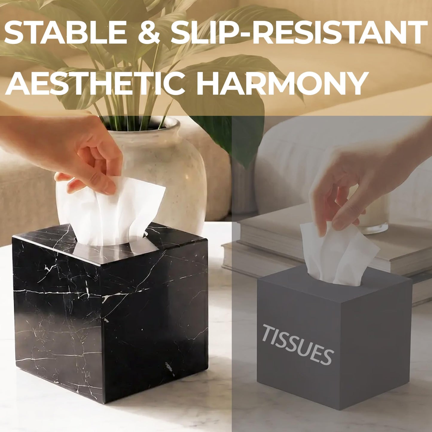 HAMAKAWA Natural Marble Tissue Box Cover, Black Tissue Organizer 6 x 6 x 5.7 inch, Heavy Stone Decorative Box, Square Tissue Box Holder for Home Decor, Kitchen, Bathroom, Bedroom