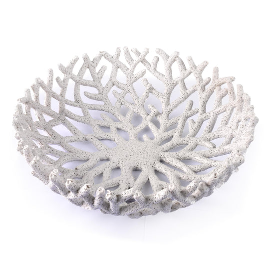 10-Inch White Resin Coral Bowl, Handcrafted Hollow Carved Coastal Art Decor