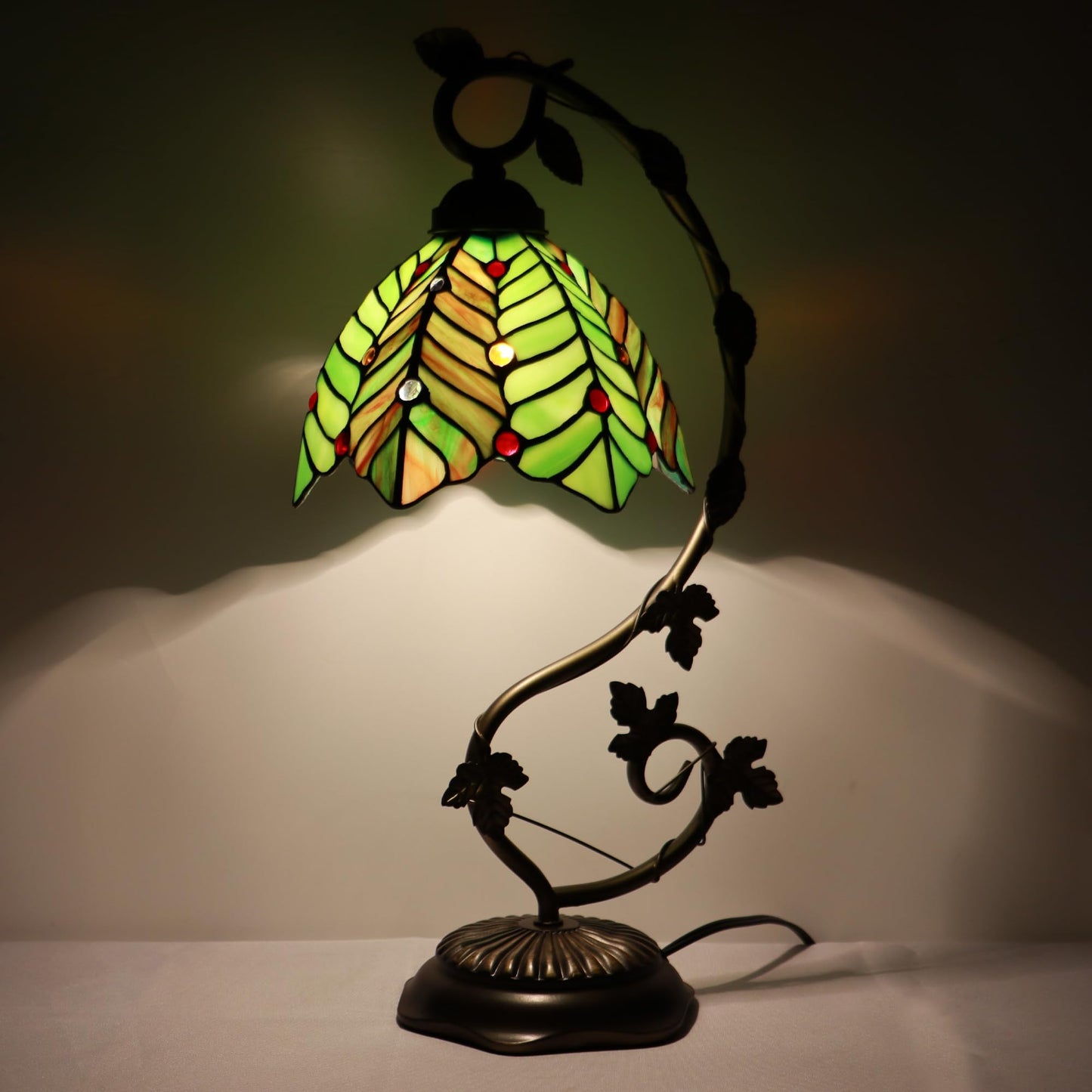 LXHCYOU Tiffany Table Lamp, Stained Glass Desk Light, 8X10X21 Inches, Metal Leaf Base (Brown Green Leaf)