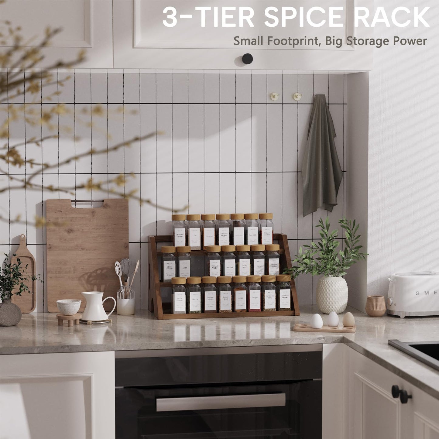 CCHIDG Bamboo Spice Rack Organizer -3-Tier Spice Rack for Countertop,Cabinet Spice Rack Organizer for 24 Spice Jars(4oz)，Step Shelf (Walnut)