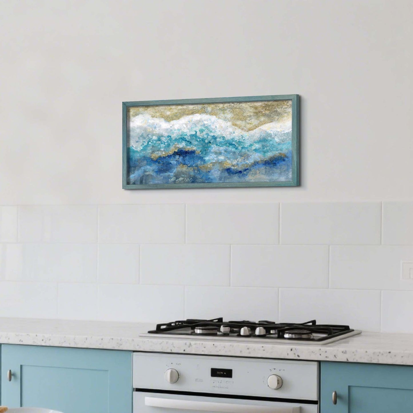 Abstract Wall Art Painting - Blue and Teal Ocean Theme with Gold Accents for Living Room Office Decor 24"x12"