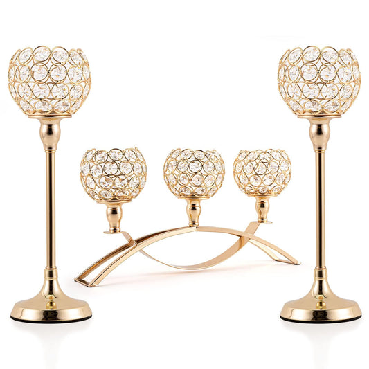 VINCIGANT Set of 3 Gold Candle Holders Wedding Table Centerpieces,Tealight Candlestick Candelabra Stand with 3 Arms for Fireplace Home Living Room Decor,Valentine's Day Housewarming