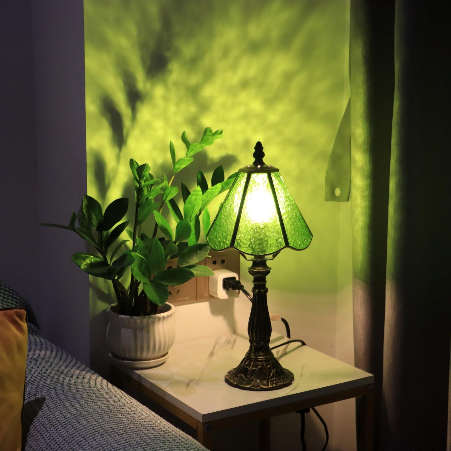 MQYXH Tiffany Style Table Lamp Green Rippled Stained Glass Lamp 14 Inch