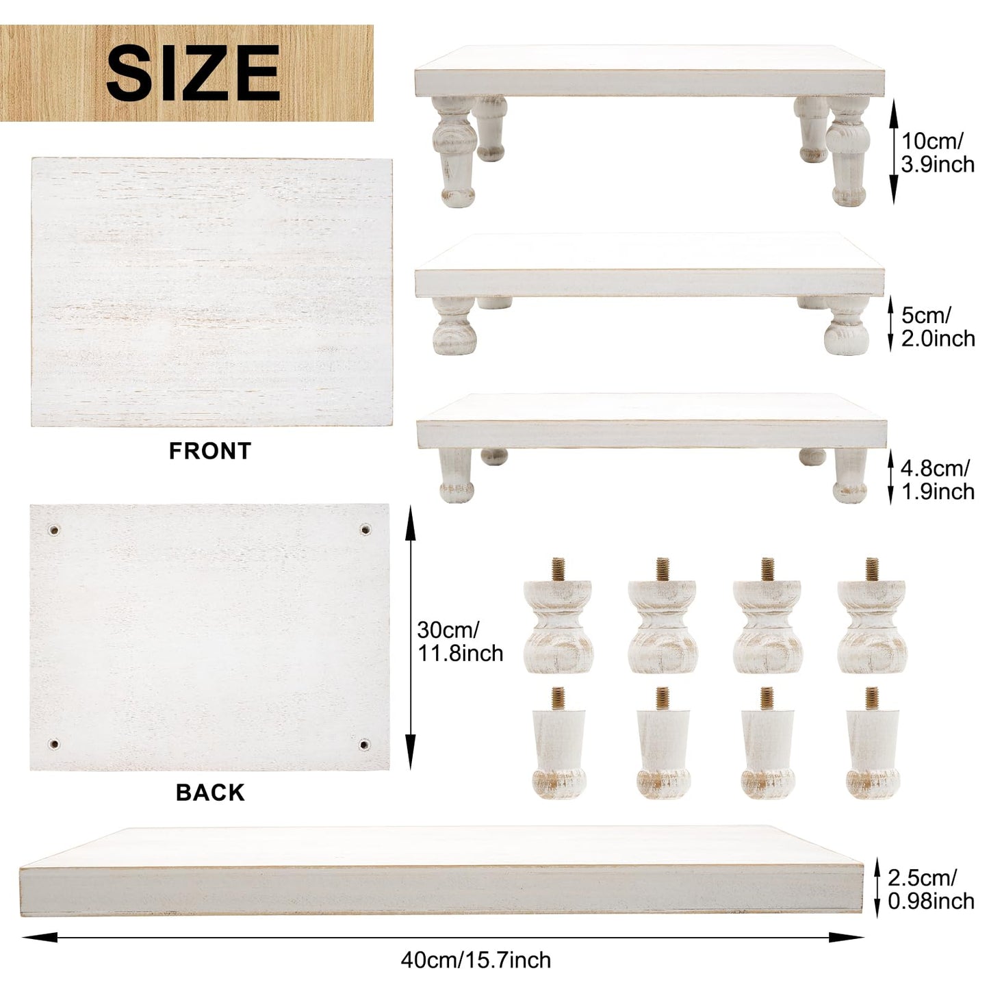 TOOLTENG Wooden Riser Decorative Tray, Farmhouse Wood Pedestal Stand, Rustic Whitewashed Tray Riser Display Stand, Coffee Bar, Dining Room, Centerpiece, Kitchen, Bathroom Table Decor (Washwhite)