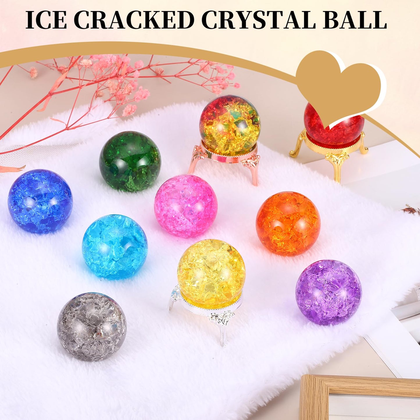 PATIKIL Crystal Ball 40mm, Ice Cracked Glass Ball with Metal Stand, Decorative Crystal Sphere Glass Paperweight for Home Wedding Office Party Table Decor Ornaments, Dark Blue/Gold