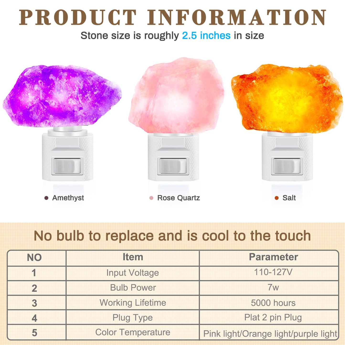 Hortsun 3 Pack Himalayan Salt Lamp Night Light Crystal Night Light Lamp Plug in Rotatable Wall Purifier Made of Natural Salt Stone Sea for Home