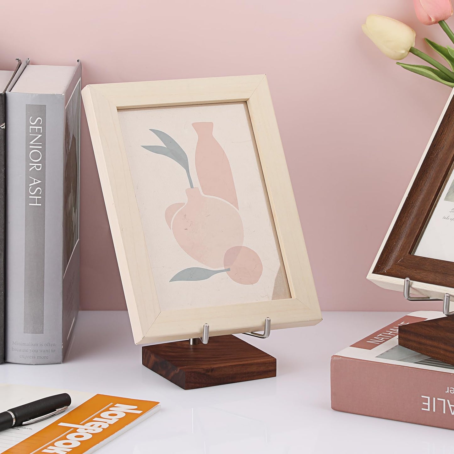 Hipiwe Rock Display Stand with Wooden Base Adjustable Metal Arms Display Stand Easel for Geode Mineral Agate Gemstones Fossils Plate and Photo,3.1"x3.1"x5"