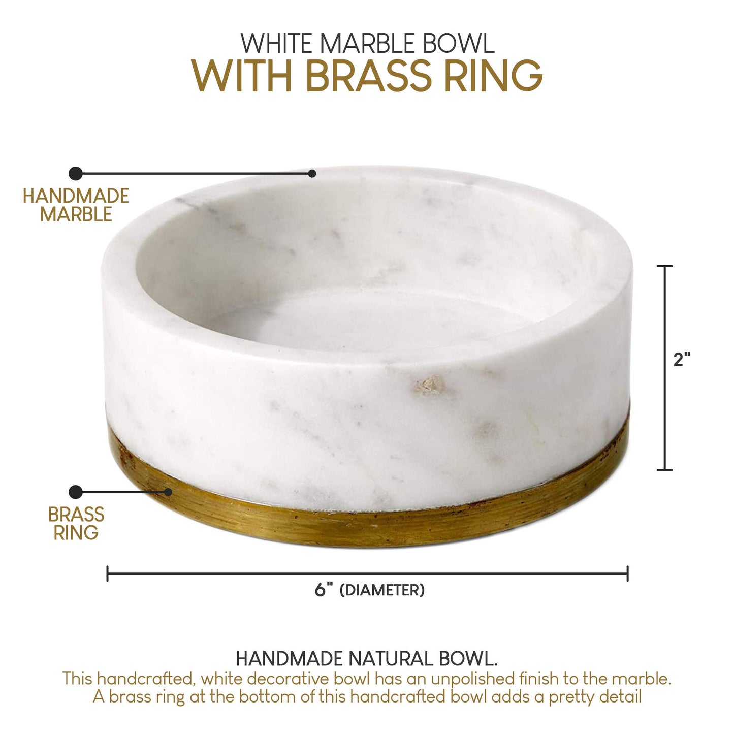 Serene Spaces White Marble Bowl with Brass Ring - Decorative Multi-Purpose Centerpiece and Fruit Bowl - Medium Size, 2" Tall x 6" Diameter