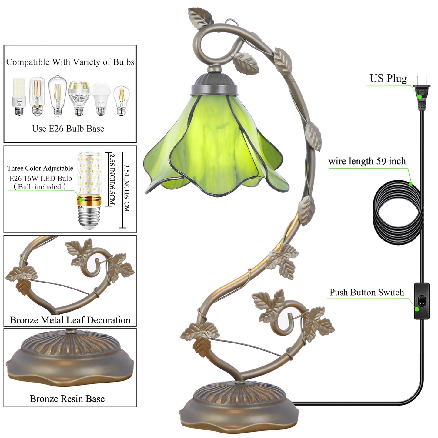 WFAYNTIFL Tiffany Table Lamp Green Yellow Morning Glory Style 8X10X21 Inch