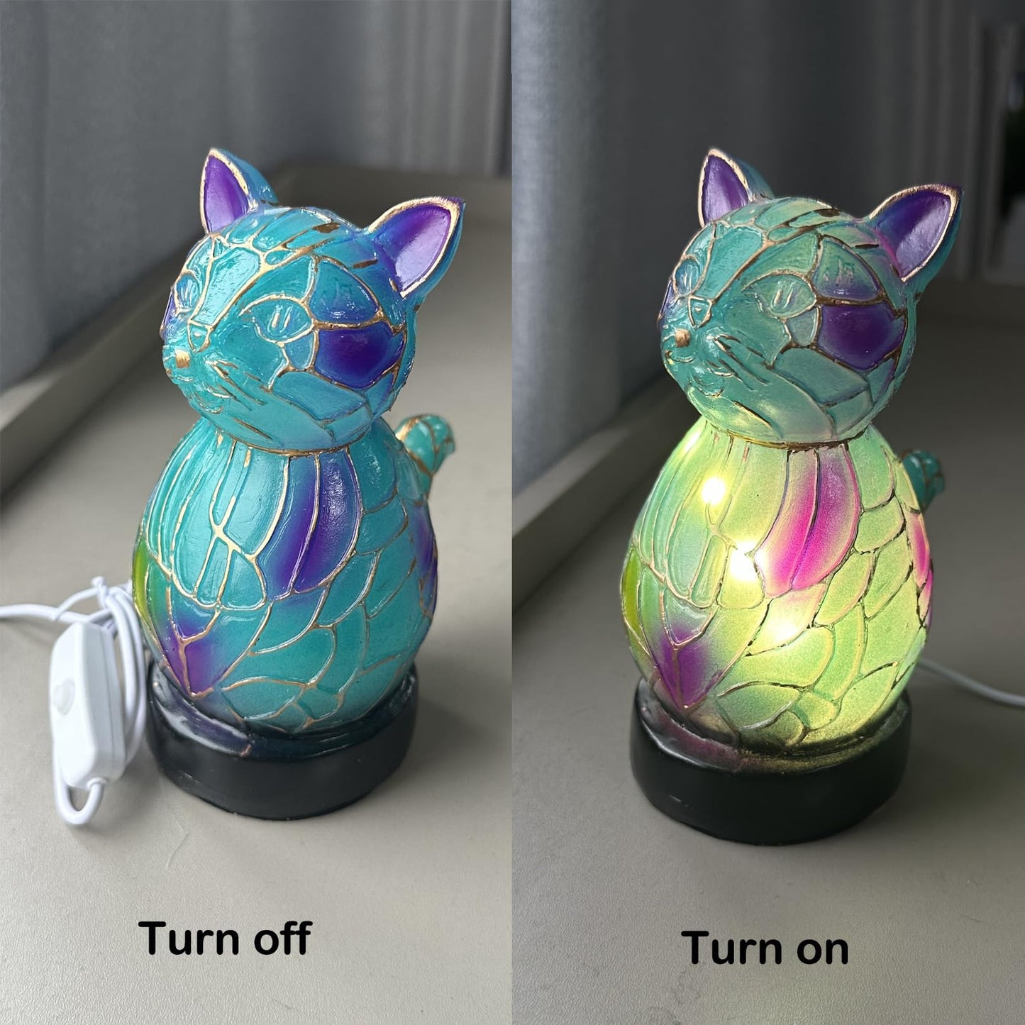Desniltol 3D Animal Table Lamp, Retro Stained Animal Night Light Lamp, Cute Resin Animal Lamps, Vintage Animals Bedside Lamp with USB Ports Suitable for Living Room, Bedroom, Home Office (Cat)