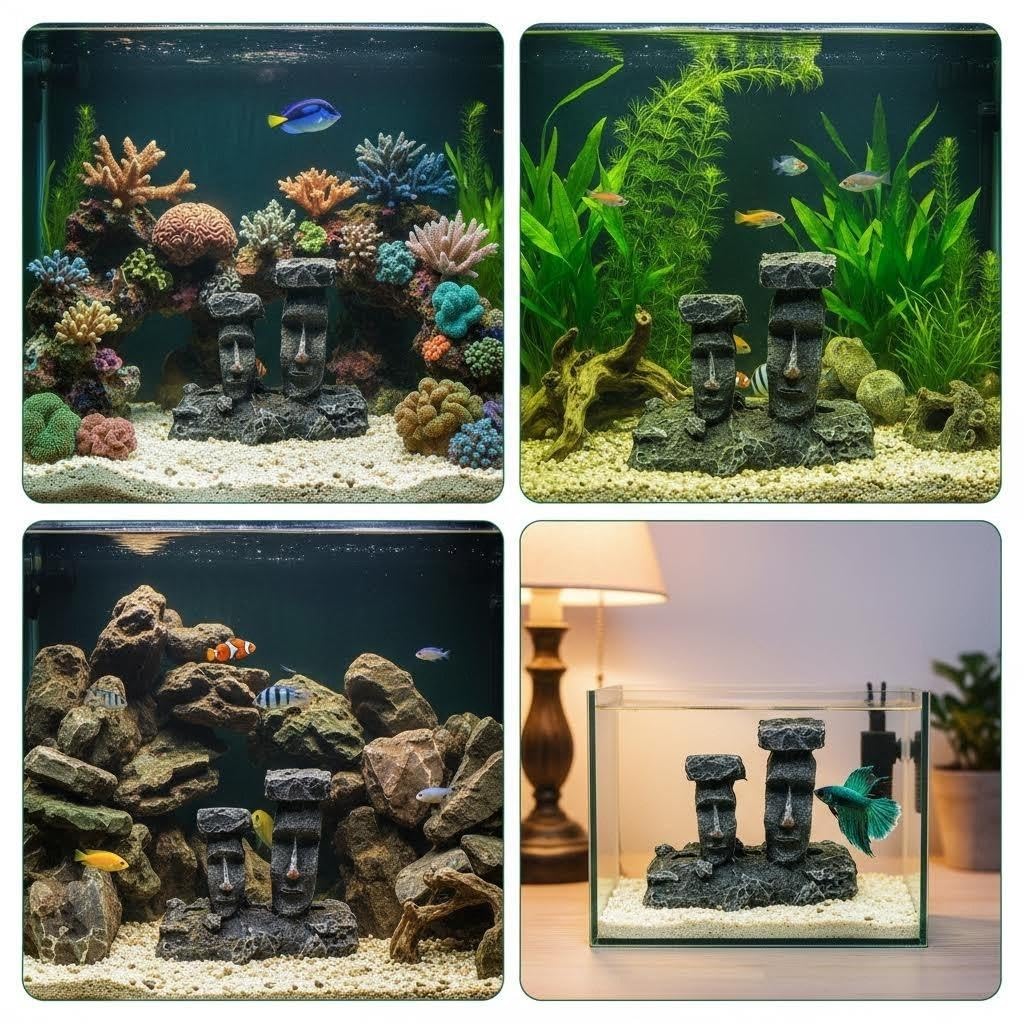 Alaviitsi Moai Statue Aquarium Air Stone Bubbler, Easter Island Resin Ornament, Fish Tank Oxygen Decor for Freshwater & Saltwater Tanks