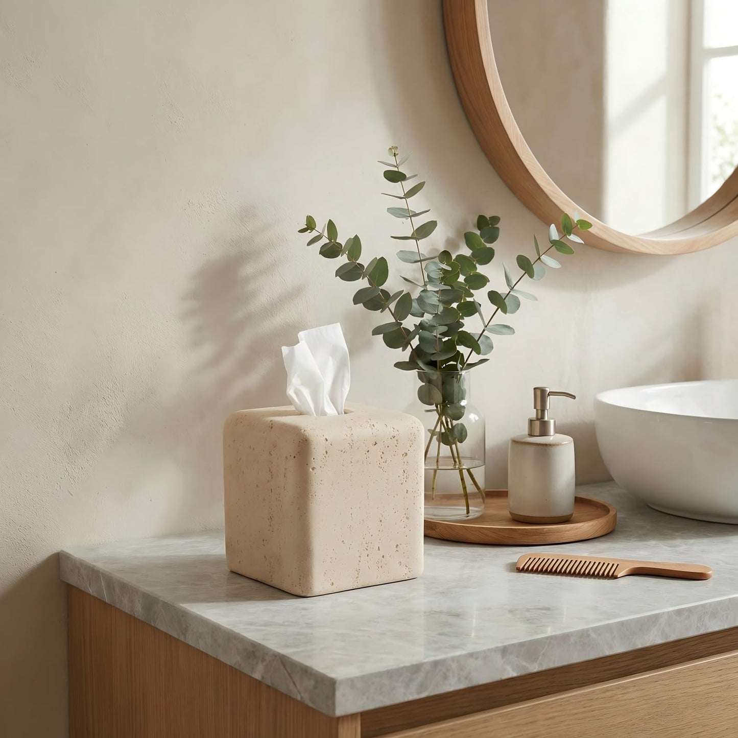 Weighted Travertine Stone Composite Tissue Box Cover Square with Anti-Slip Pads – Artisanal Stone Tissue Holder & Tissue Box Holder for Bathroom, Living Room & Office, Rounded Corners