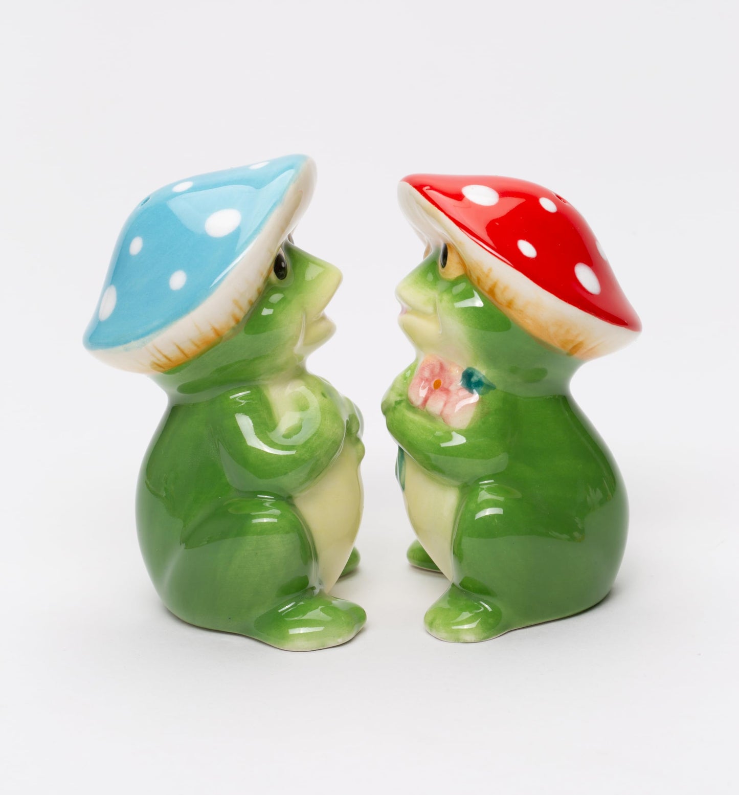 21088 Fine Ceramic Happy Frog Couple in Fairy Forest Musroom Design Salt & Pepper Set, 3-1/2" H