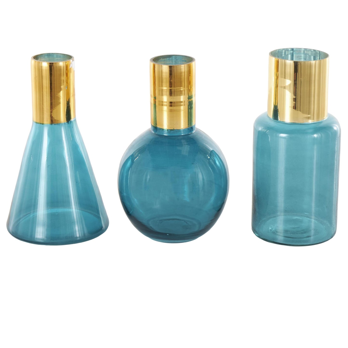 Deco 79 Glass Geometric Tinted Vase with Gold Rim and Varying Shapes, Set of 3 8",9",8" H, Blue