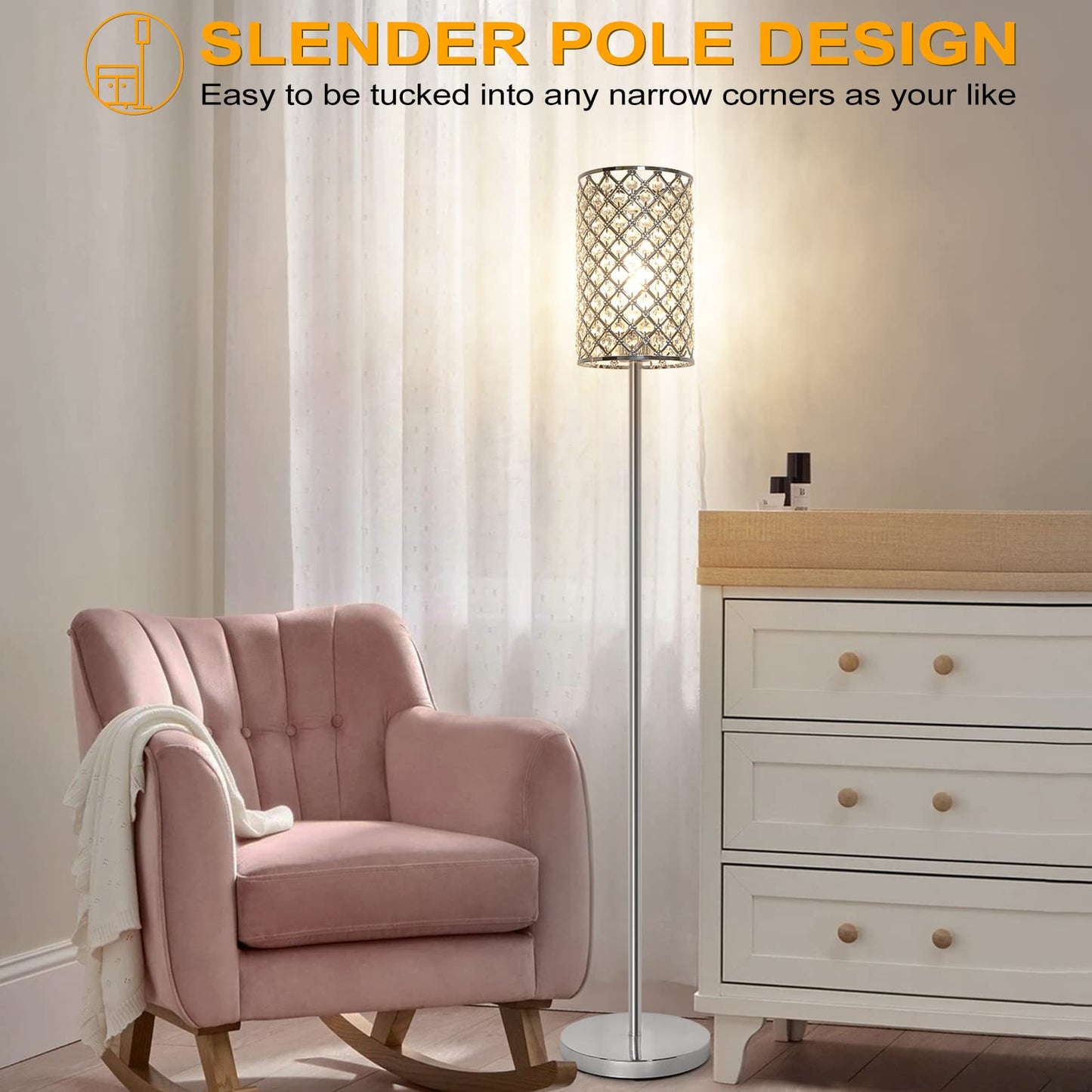 Crystal Floor Lamp, Silver Tall Pole Lamp with On/Off Foot Switch