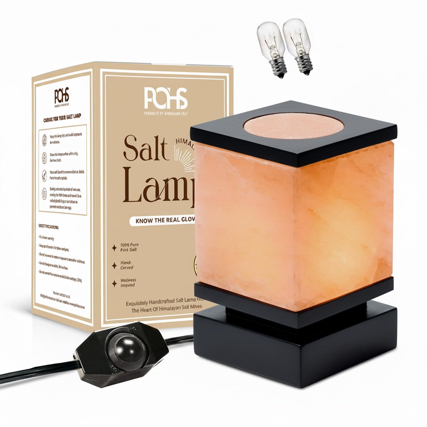 POHS 100% Authentic Himalayan Pink Salt Cube Lamp with Black Wooden Base, Dimmer Switch Cord and Two Bulbs, Night Light for Home and Office Table and Desk, Gift and Decor
