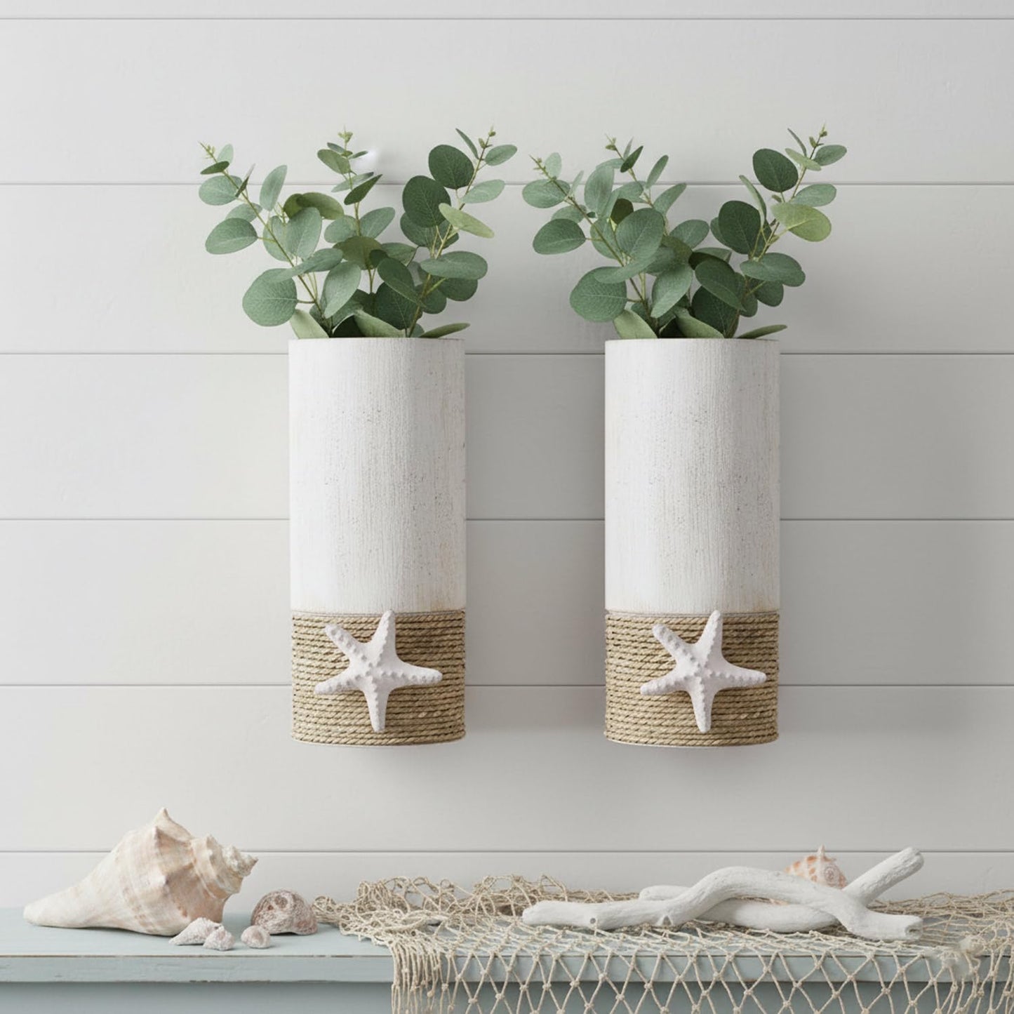 2 Pack White Metal Wall Vase,Coastal Wall Vase for Flowers(No Artificial Flowers Included), Coastal Decor Hanging Vases,Coastal Home Decor for Living Room,Entrance,Hallway,Bedroom (White Wall Vases)
