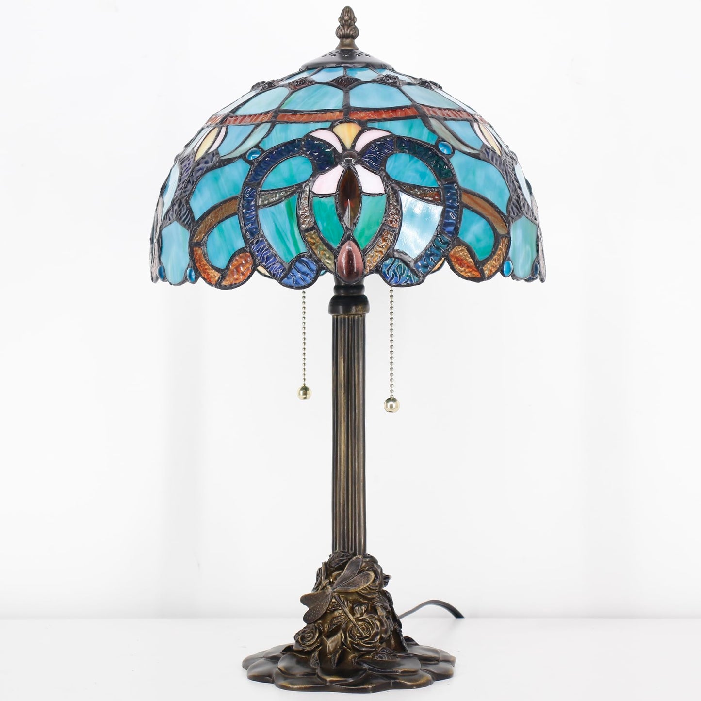 ANYONGLU Tiffany Table Lamp Stained Glass Desk Lamp 12X12X21Inch Resin Base for Bedroom Living Room Reading Light (Brown Jewelry Baroque)