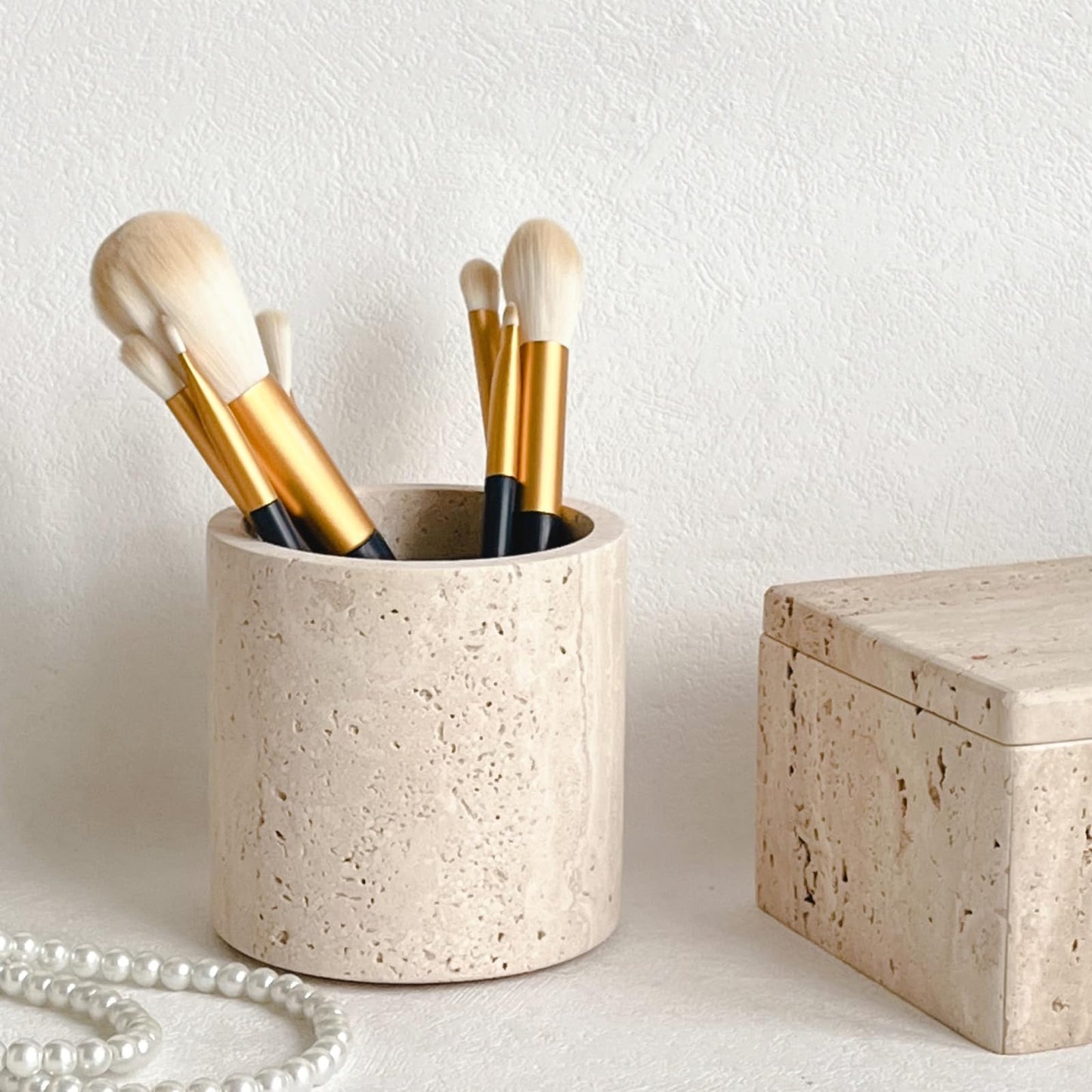 StonePlus Natural Marble Stone Travertine Jar Container Storage Box Cup with Lid (Beige Travertine)