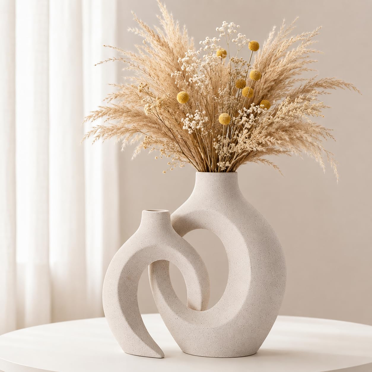 Betiura Ceramic Donut Vase Set of 2, Beige Hollow Decorative Flower Vase, Modern Nordic Boho Home Decor for Living Room, Coffee Table, Shelf, Entryway Table, Centerpiece
