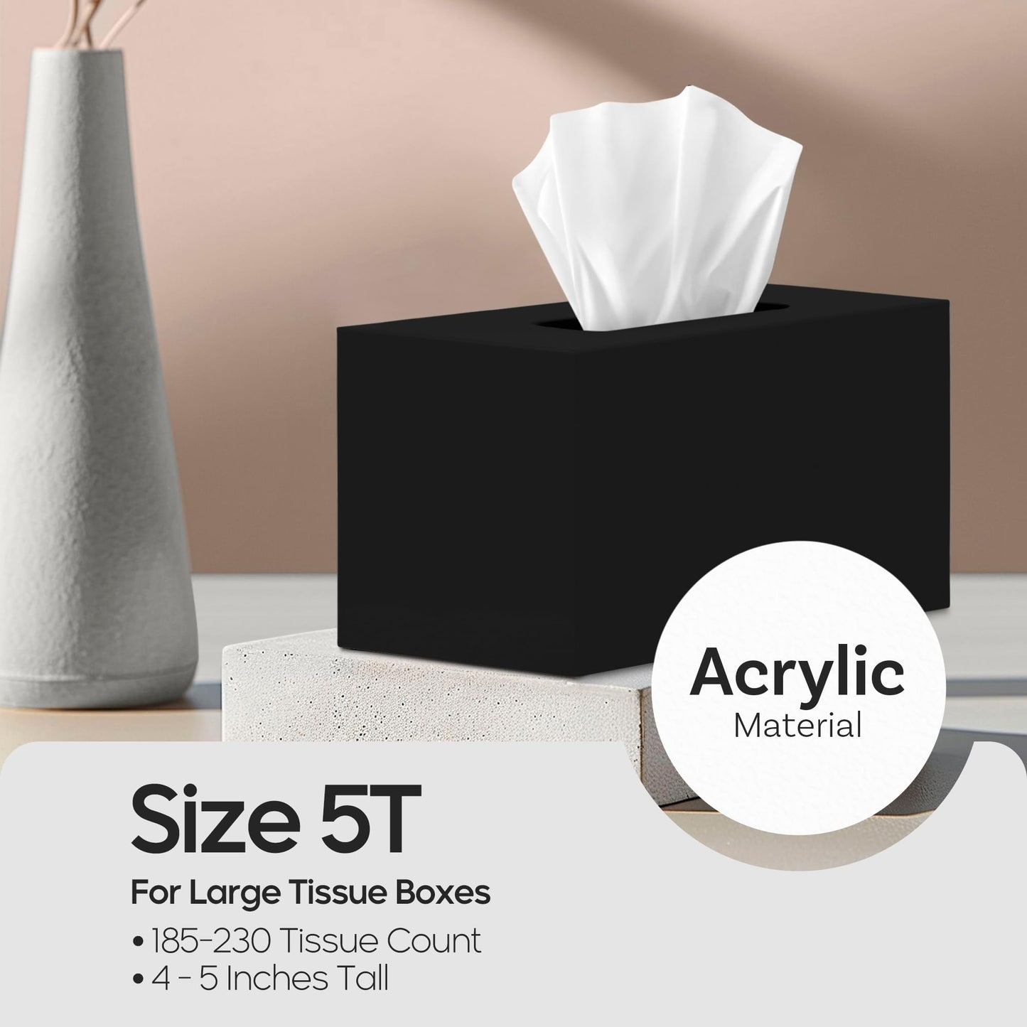 Rectangle Tissue Box Cover | Fits Tall Tissue Boxes | Black Tissue Box Holder for Bathroom | Premium Acrylic Tissue Cover