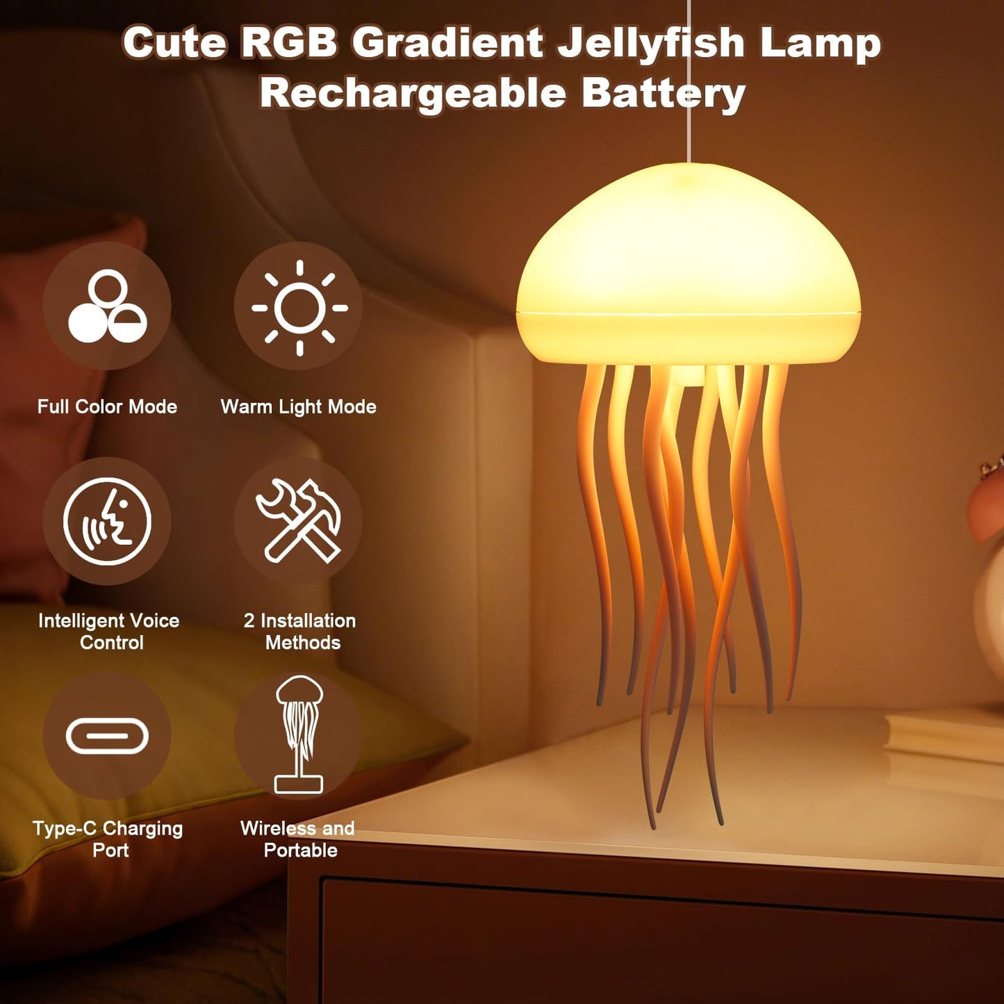 BomKra Jellyfish Lamp, Voice Control Jellyfish Lamp with Dancing Legs, RGB Gradient Jellyfish Bedside Lamp, Rechargeable Jellyfish Table Lamp with Touch Sensor, Christmas Gifts (Hanging + Base)