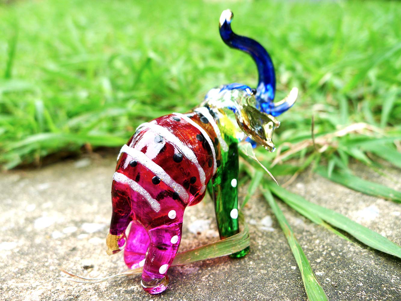 Sansukjai Elephant Tiny Miniature Hand Blown Glass Art Figurines Animals Collectible Gift Decorate, Trunk Up (Rainbow)