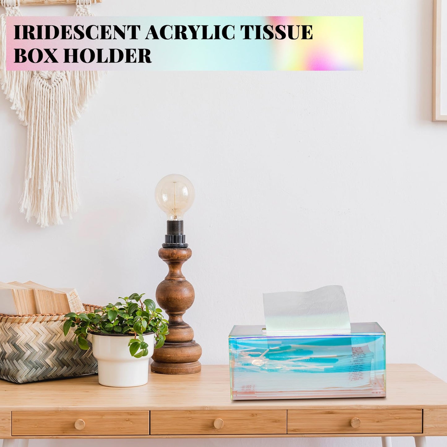 Layhit 2 Pcs Iridescent Tissue Box Acrylic 9.37 x 4.72 x 3.94 Inch Acrylic Clear Tissue Box Dispenser Cute Tissue Box Holder for Facial Napkins Bathroom Desks