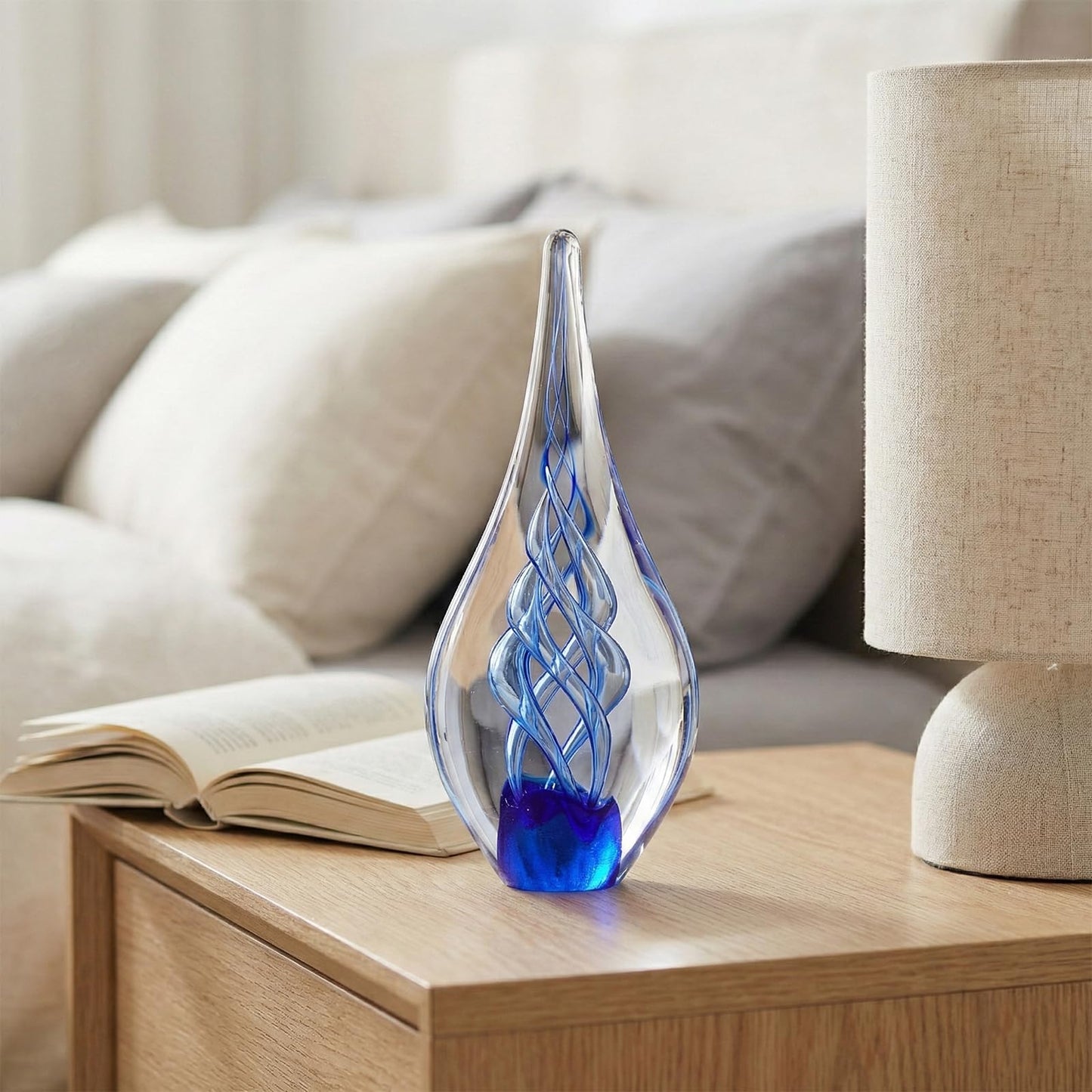 GrivSheen Hand Blown Glass Sculpture, Murano Style Decor, Blue Glass Art Collection Figurines, Teardrop Decorative Statue for Office Shelf, Unique Teardrop Sculpture Paperweight, Beach Room Decor
