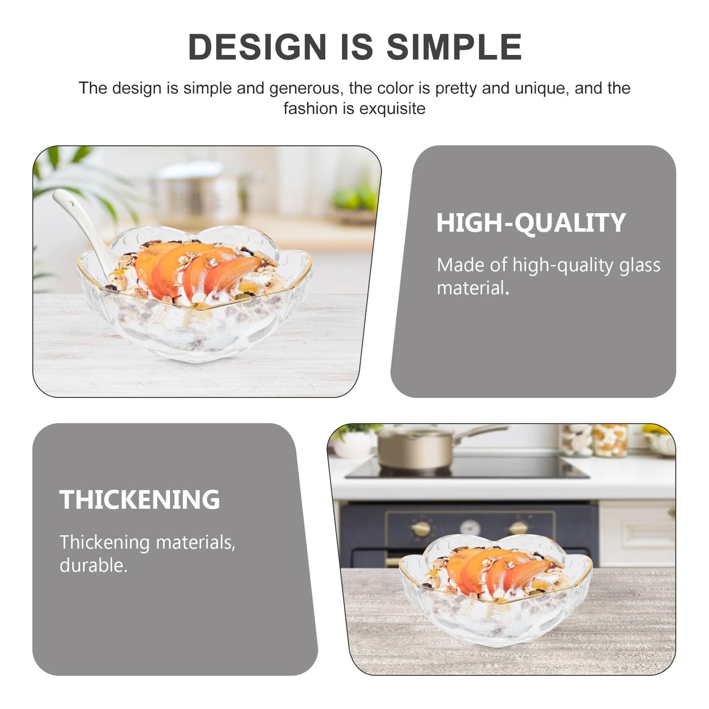 Toyvian Glass Salad Bowl with Gold Rim, 6inch Flower Shaped Decorative Serving Bowl for Dessert Fruit Popcorn and Snack Elegant Clear Glass Kitchen Tableware for Home Dining Parties