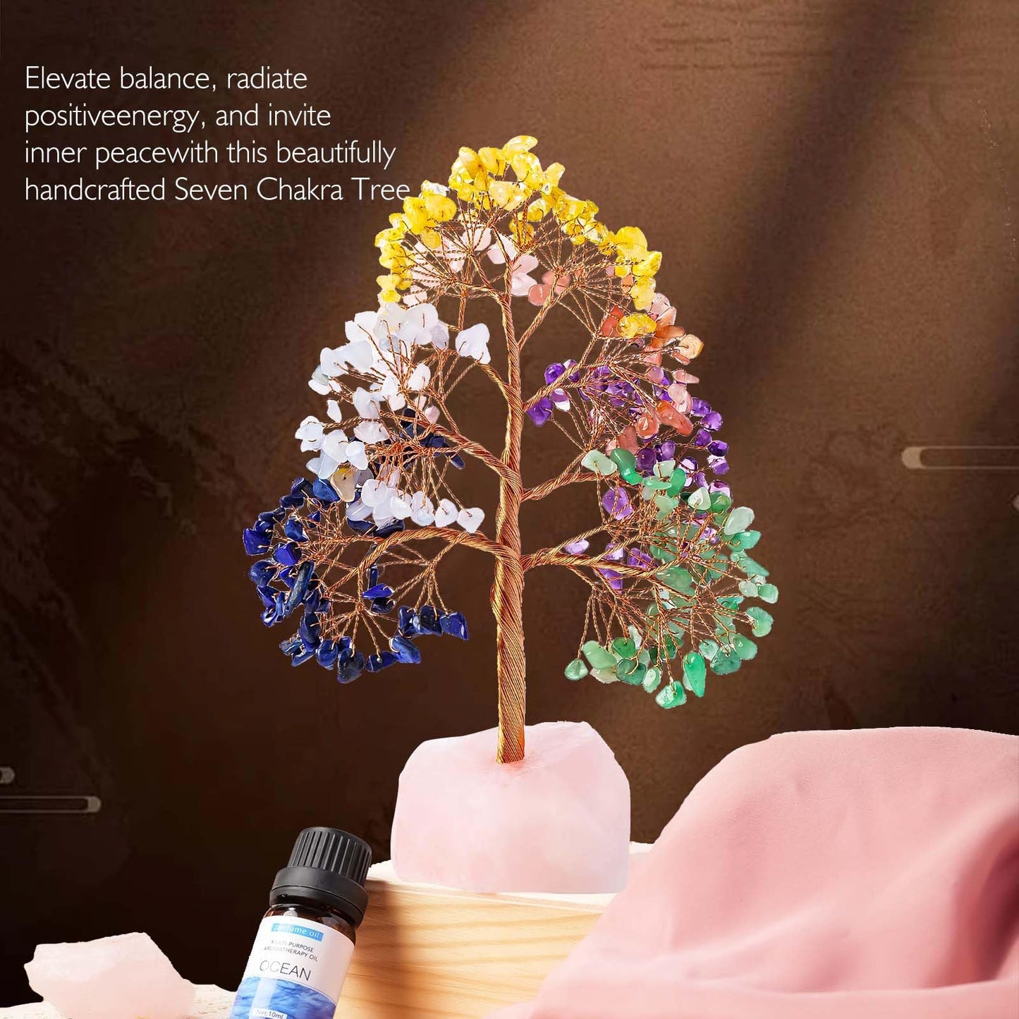 Natural Crystal Tree of Life Chakra Healing Trees Home Decor, Office Decor, Living Room Decor, Handmade Money, Good Luck Christmas Tree Birthday Gifts for Women Mom (Rose Quartz-Base)