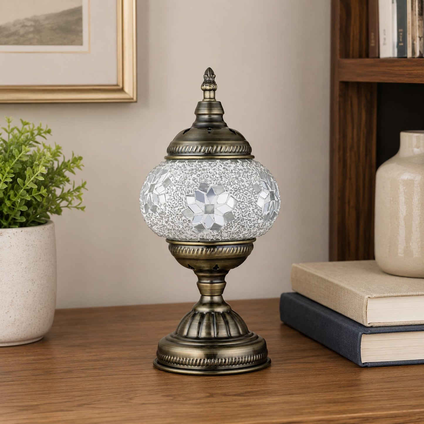 GOGERS Turkish Moroccan Table Lamp Lantern with Handmade Mosaic Glass Lampshade Tiffany Style Bohemian Stained Glass Decorative Desk Lamps Bedside Night Lights for Bedroom (White Fancy)