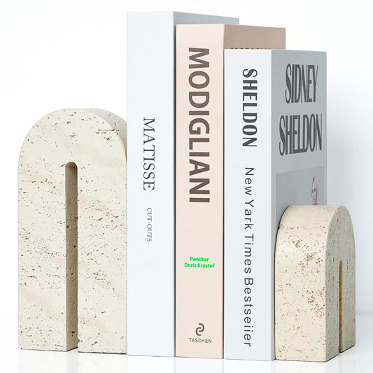 BOHDK Book Ends for Shelves, Resin Heavy Duty Decorative Bookends, Retro Arch Book Holder for Heavy Books, Imitation Travertine Book Stopper for Home Decor, Study, Bookshelf, Desktop, Set of Two