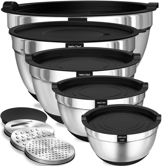 Umite Chef Mixing Bowls with Airtight Lids Set, 8PCS Stainless Steel Nesting Bowls Set, 3 Grater Attachments & Non-Slip Bottoms, Size 5, 4, 3.5, 2, 1.5QT for Baking & Mixing(Black)