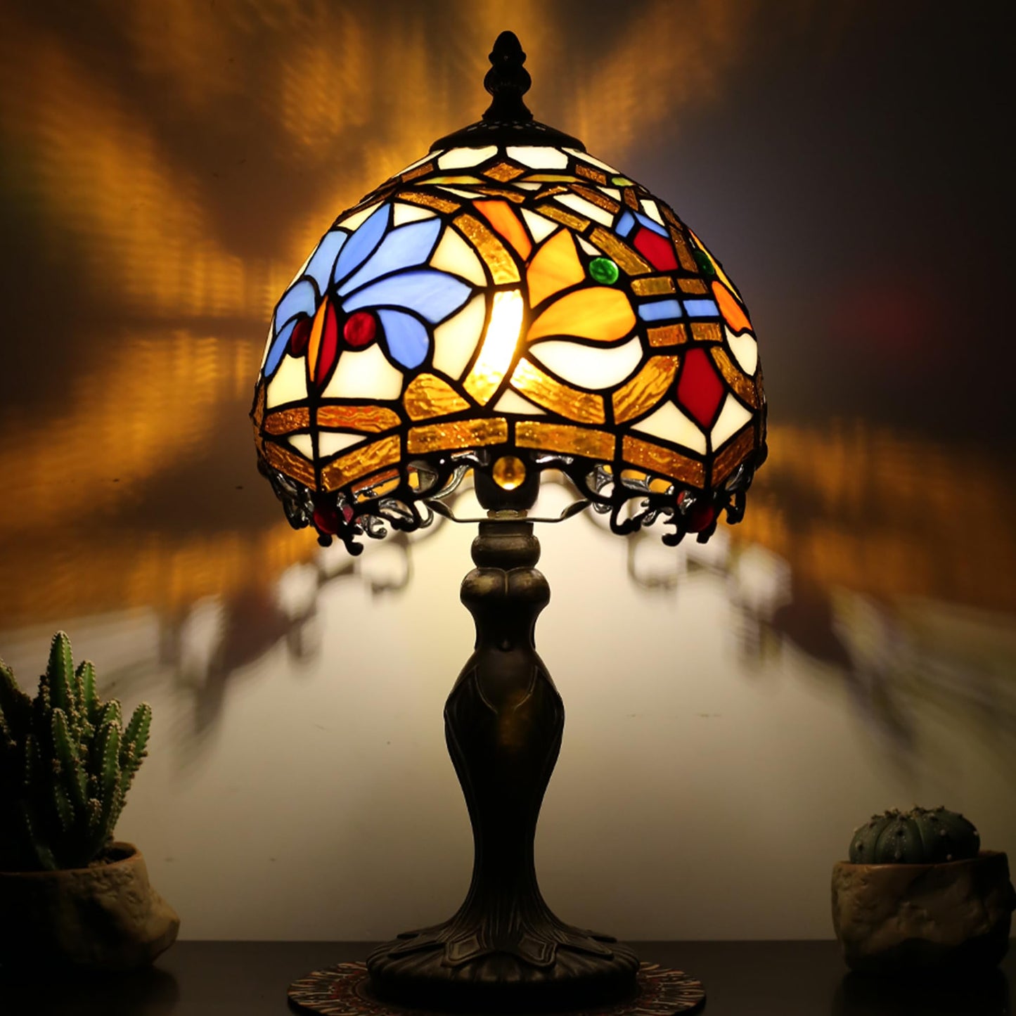 LUSTIX Small Tiffany Table Lamp Stained Glass Lamp Yellow Phoenix Style