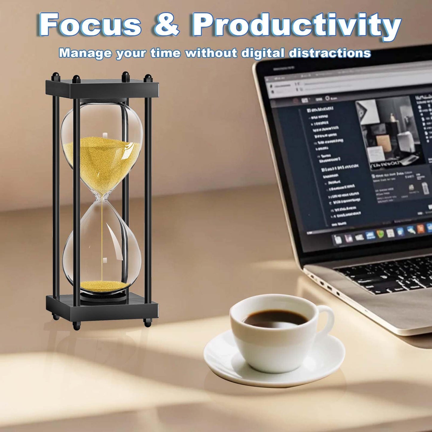 60 Minutes Hourglasses Timer: Large Black Wooden Gold Sand Timer Clock, Reloj De Arena 1 Hora, Sand Watch 60 Min, 1 Hour Sandglass for Home Office Desk Decorative (Gold Sand)