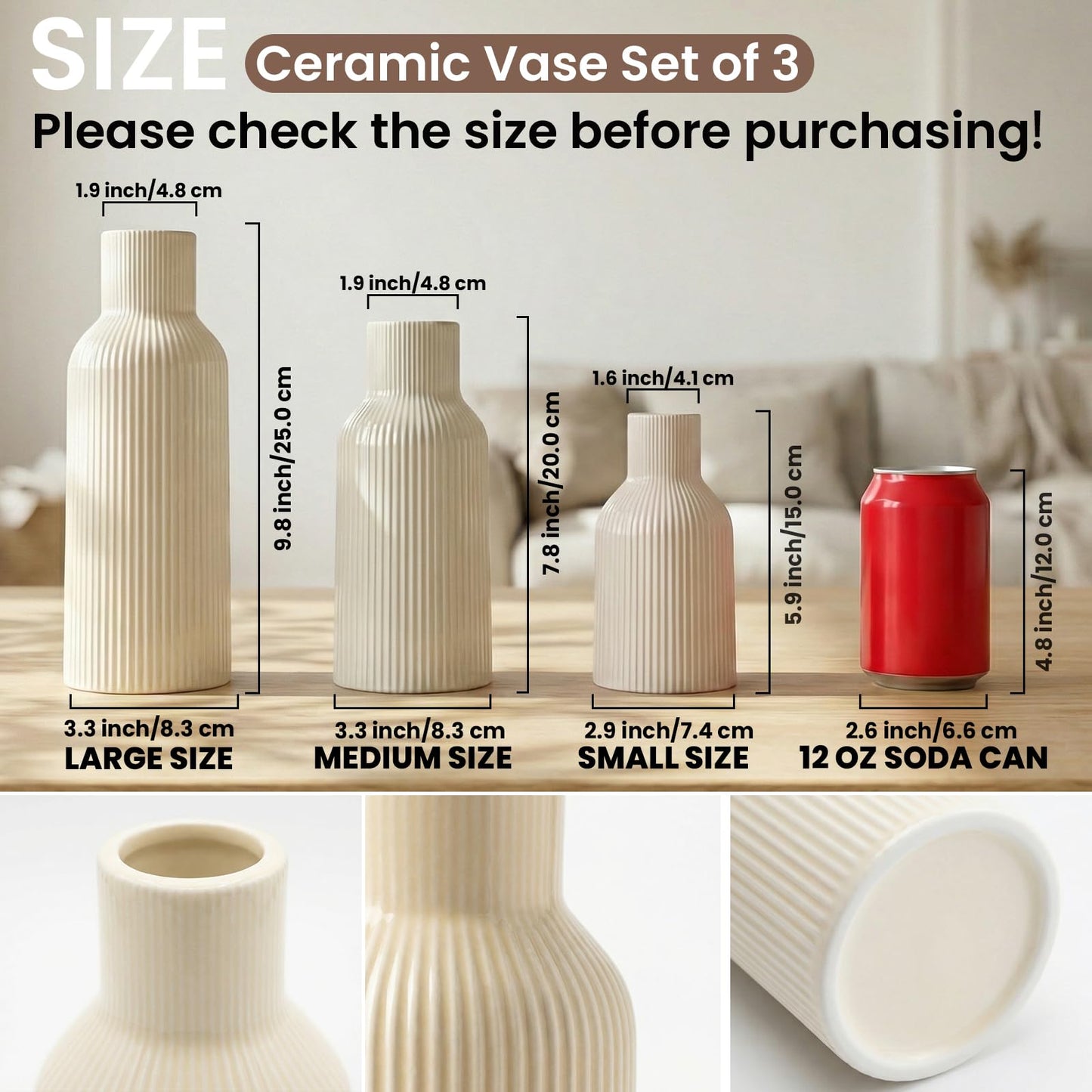 TrendEcoHome Beige Ceramic Flower Vases Set of 3, Modern Smooth Ribbed Texture, Nordic Minimalist Decor for Pampas, Dried & Fresh Flowers, Centerpiece for Living Room, Shelf, Entryway, Wedding