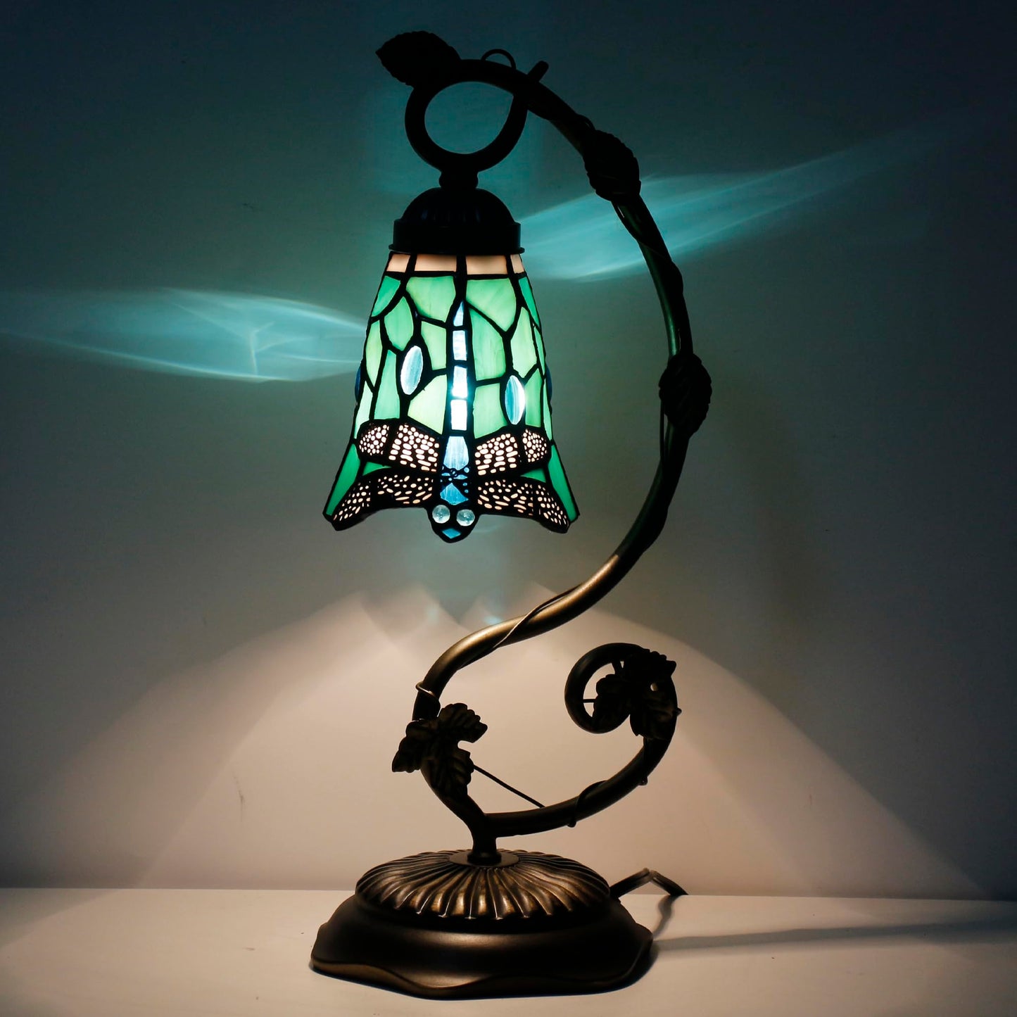 ANYONGLU Tiffany Lamp Stained Glass Desk Reading Bedside Light, Metal Leaf Table Lamp Base 5X6X17 Inches Decor Small Space Bedside Bedroom Home Office (Green Dragonfly Style)