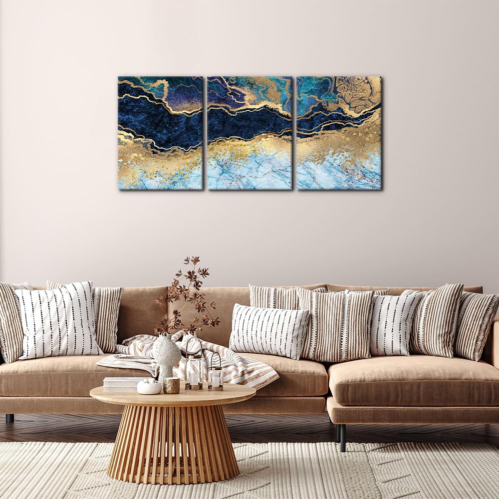 Pacimo Wall Art Set of 3 - Teal Gold Blue and White Marble Landscape Abstract Shapes - Perfect for Modern Home Decor - Ideal Wall Decor for Living Room Bedroom Bathroom and Office (12"x16"x3)
