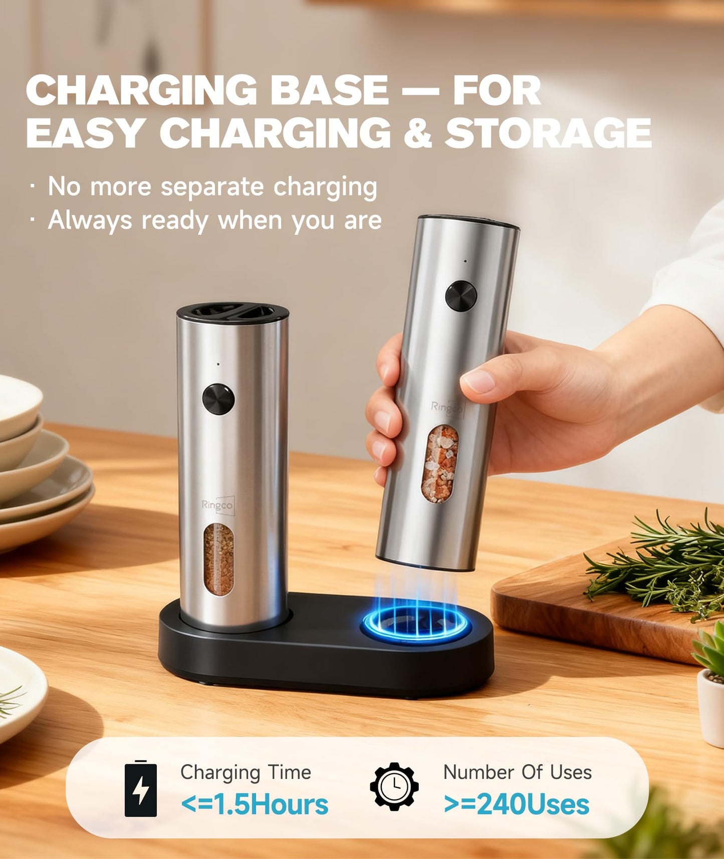 Ringco Electric Salt and Pepper Grinder Set with Charging Base, Rechargeable Salt and Pepper Mill with Adjustable Coarseness, LED Light, 110ml Large Capacity for Kitchen, Outdoors, Gifts for Women