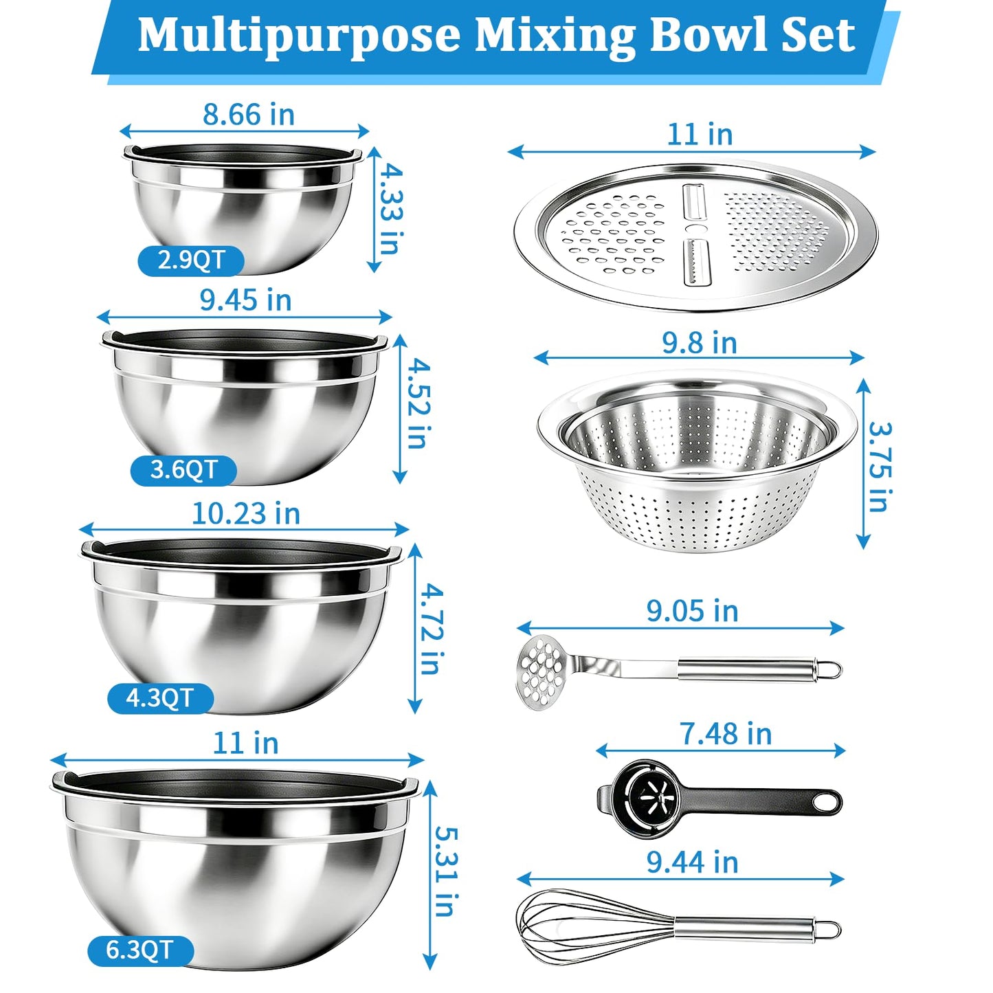 Mixing Bowls Set-9 Pcs Stainless Steel Mixing Bowls with Lid, Grater, Colander, Egg Whisk and Separator, Multipurpose Kitchen Metal Bowls for Mixing, Preping, Serving, Size 6.3, 4.3, 3.6, 2.9QT