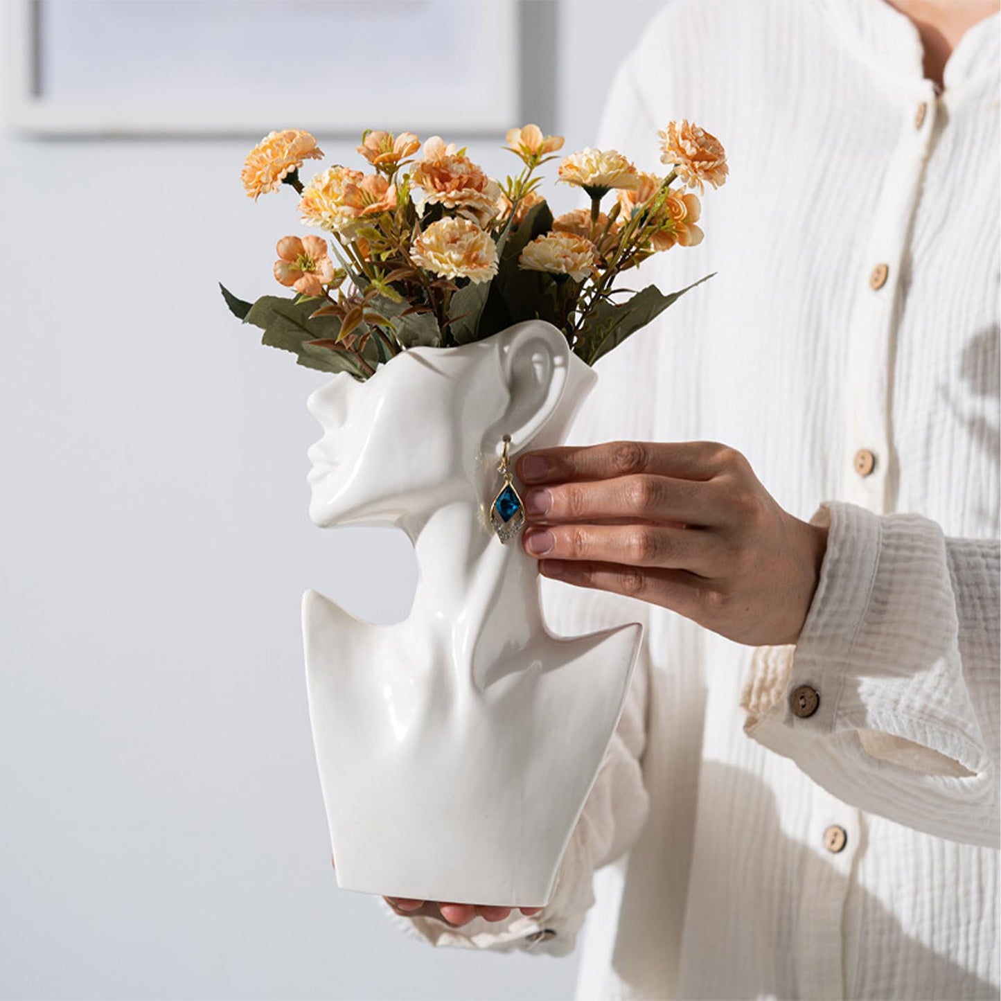 GIDARY Face Vases -White,H 9.2 Inch,with Earrings Art Ceramic vase,for Flowers Ceramics Statue Flower Vase,Female Modern Cool Vases,for Office Dining Table Home Ornaments
