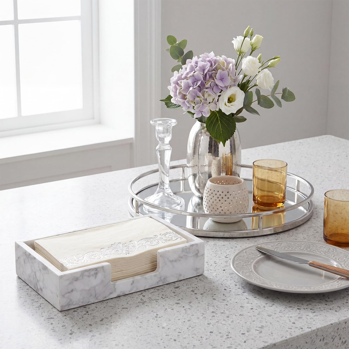 Singhoow Natural Marble Tissue Holder 9.5x5.5x2inch Carrara Marble Theme White Tissue Box Rectangular Guest Napkin Paper Towel Holder for Home Decor Countertop Kitchen Hand Towel Organizer Tray