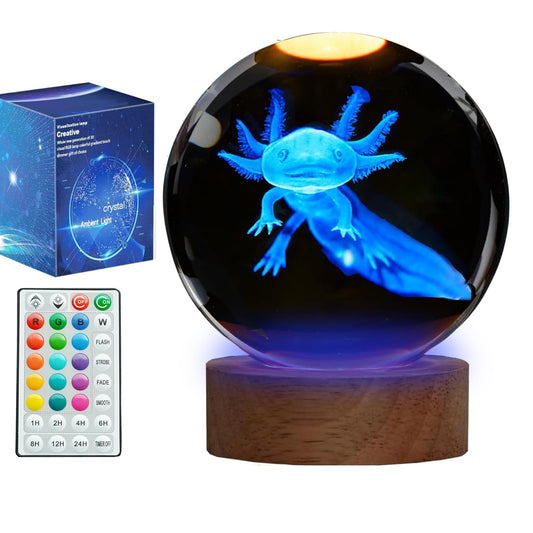 POSSHE Axolotl Night Light with Upgraded 3.15 Inch 3D K9 Crystal Ball, Axolotl Lamp with Remote 16 Color Gifting Box for Birthday Xmas Cool Axolotl Figurines Gifts for Room Decor Boys Girls