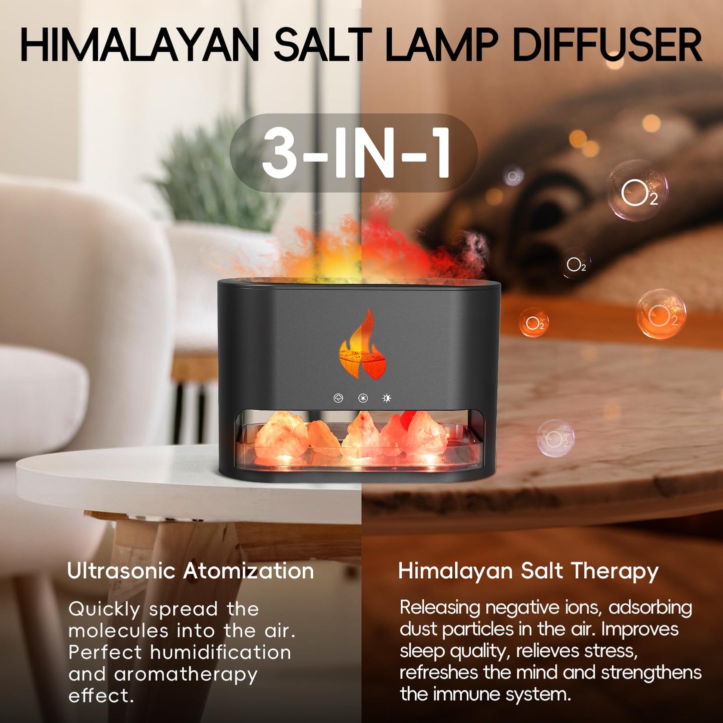 YALEDI Essential Oil Diffuser, Fireplace Flame Fire Oil Diffuser, 250ml Himalayan Salt Lamp Diffuser, Cool Mist Aromatherapy Humidifier with 7 Colors Light, Timer & Auto-Off for Home, Room (Black)