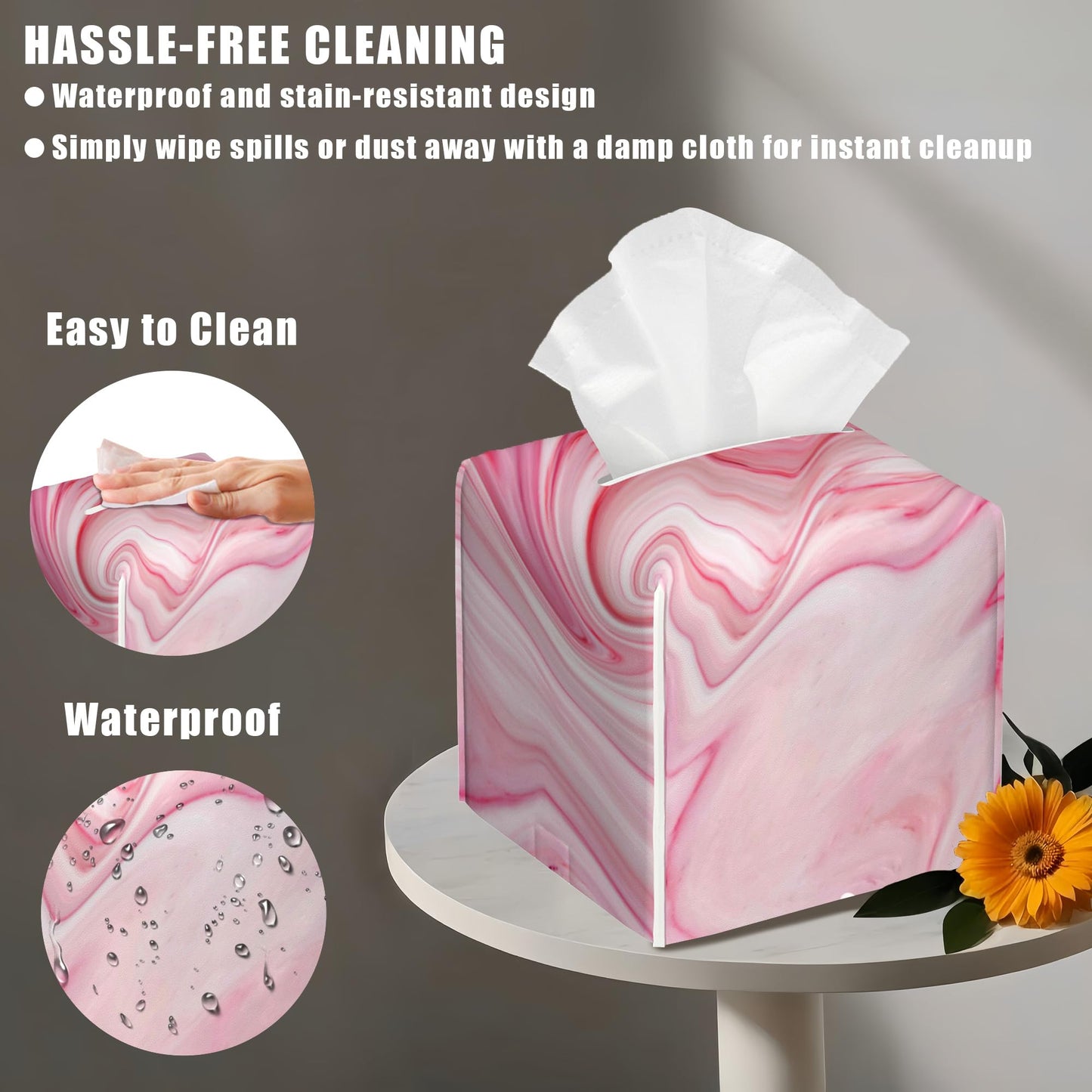 BLYKVGHQ Pink Liquid Marble Tissue Box Cover Square, Tissue Box Holder with Bottom Belt Leather Facial Paper Organizer Dispenser for Bathroom Bedroom Dresser Night Stand Tabletop