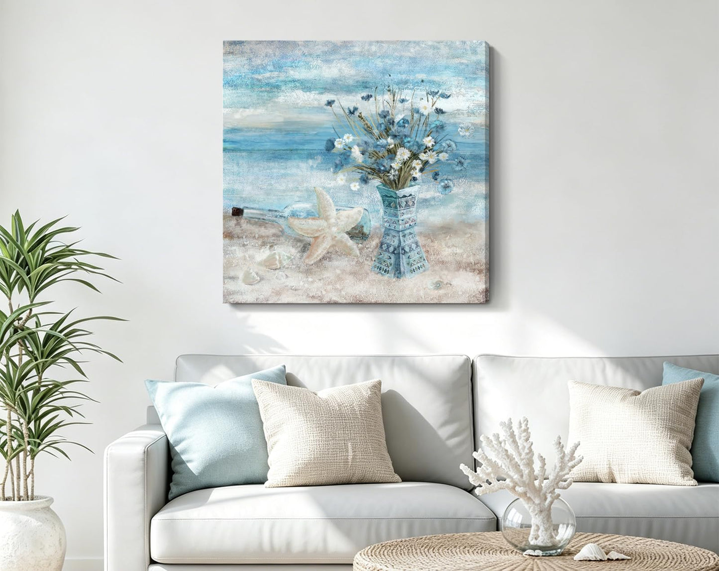 Beach Wall Art for Living Room Blue Ocean Theme Canvas Print Modern Abstract Coastal Picture Seascape Painting Daisy Flower in Indian Vase Framed Artwork for Seaside Bedroom Bathroom Office 24x24inch