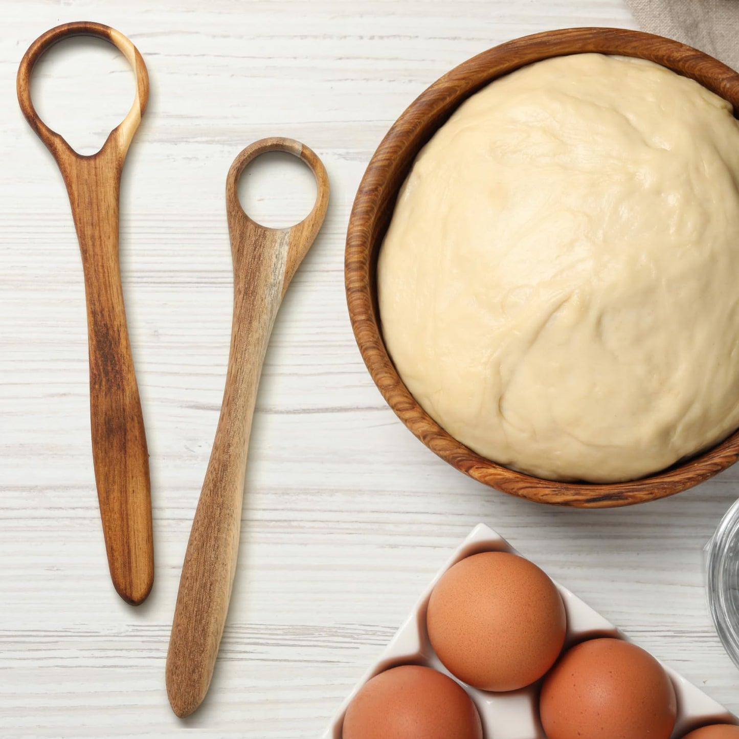 SiliFine Danish Dough Whisk Set of 3, 13" One-piece Acacia Wood Sourdough Whisk for Bread, Pizza, Batter & Starter, Cake Biscuits Flow-through Design, Handmade Bread Baking Gift