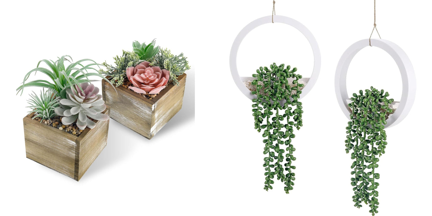 Der Rose Bundle of 2 Pcs Hanging Fake Plants and Set of 2 Fake Succulents Plants for Indoor Outdoor Home Bathroom Boho Wall Decor