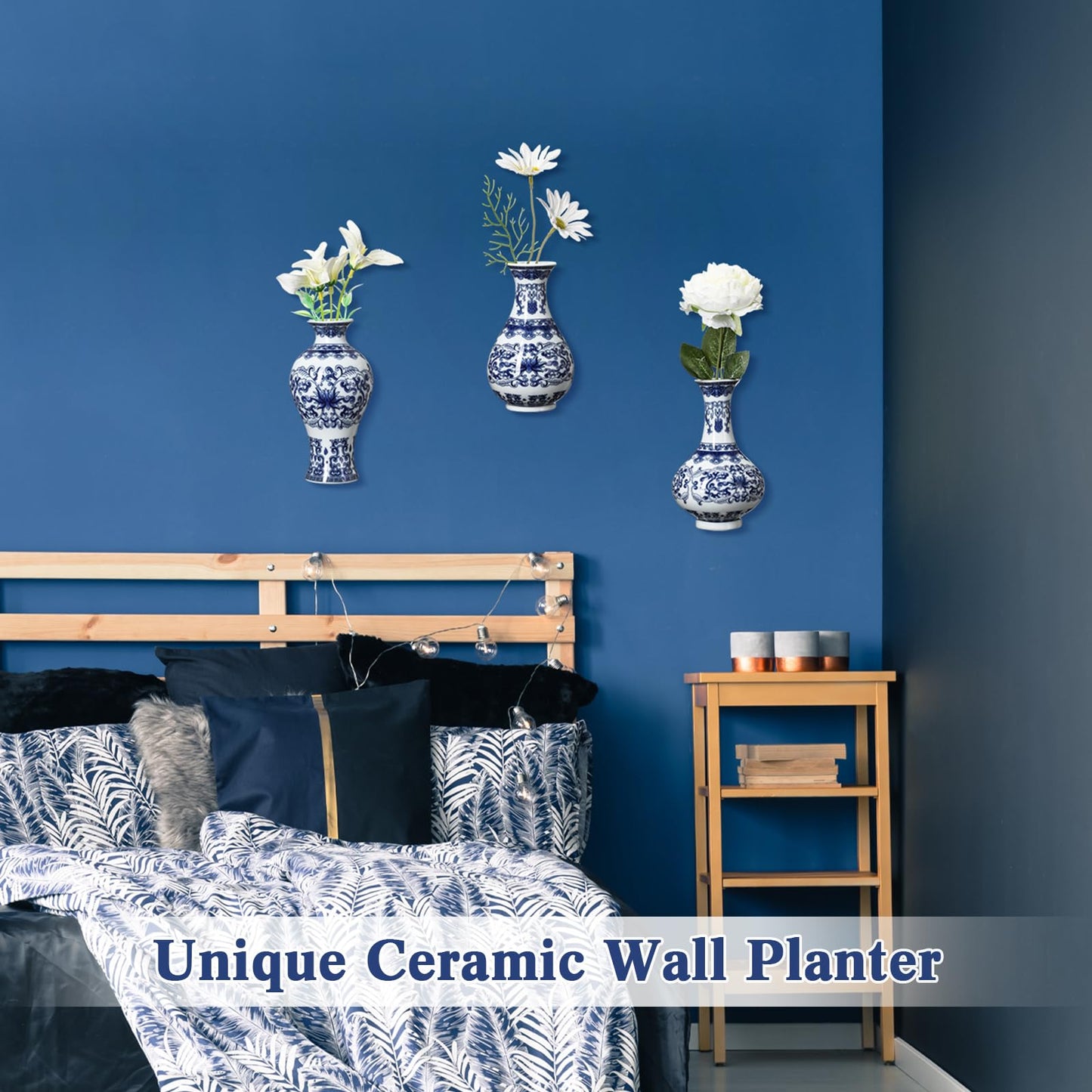 Set of 3 Small Blue and White Chinoiserie Vases Wall Mounted Decorative Ceramic Flower Vases 5.3 Inch 5.7 Inch Classic Vase for Home Decor